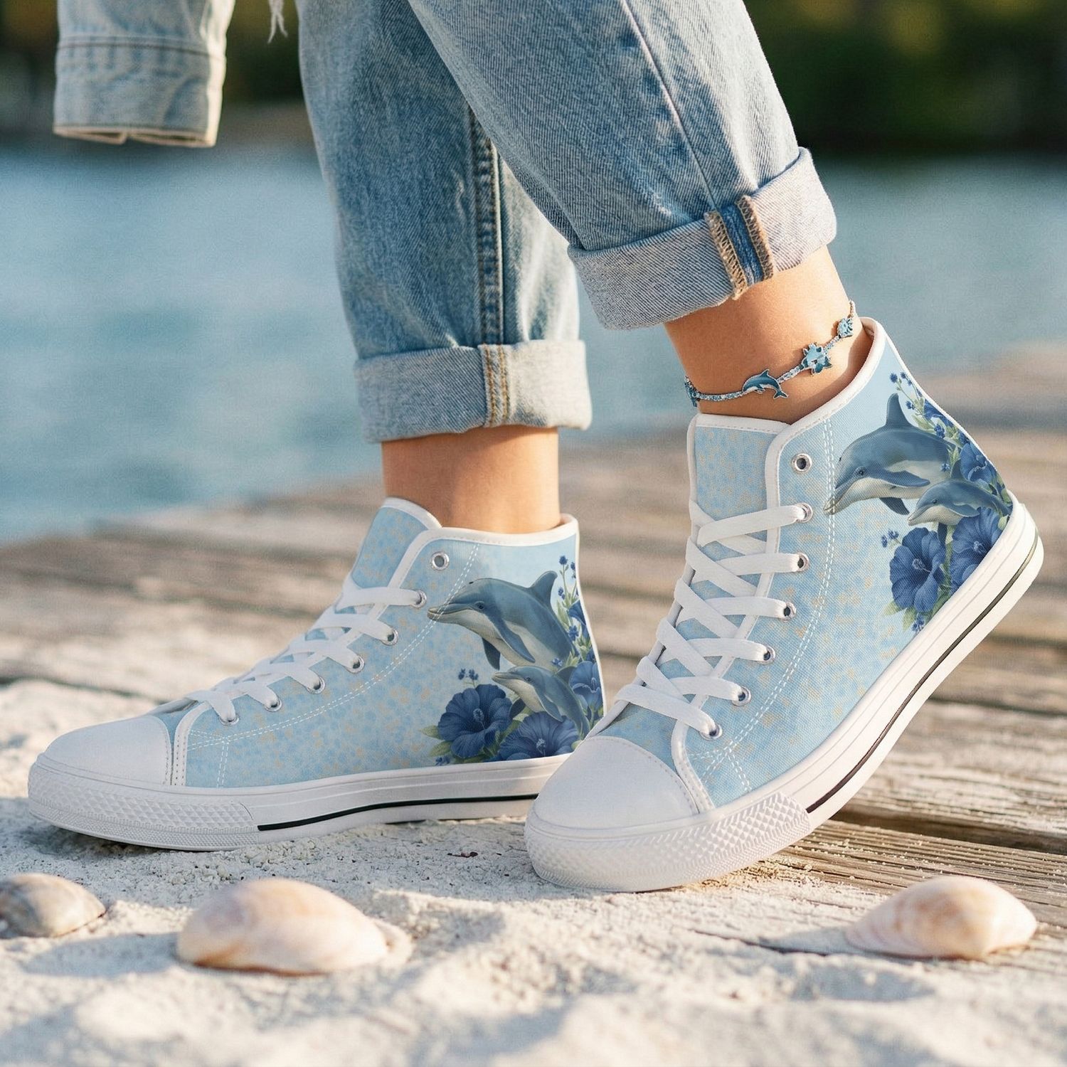 Blue high-top canvas shoes with dolphin design