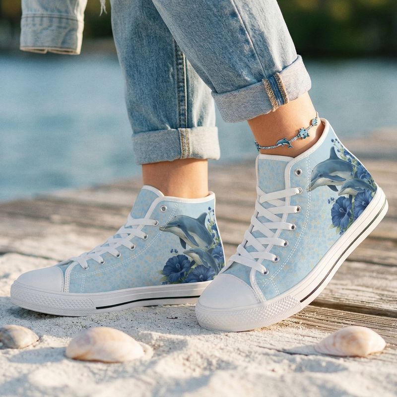 Blue high-top canvas shoes with dolphin design