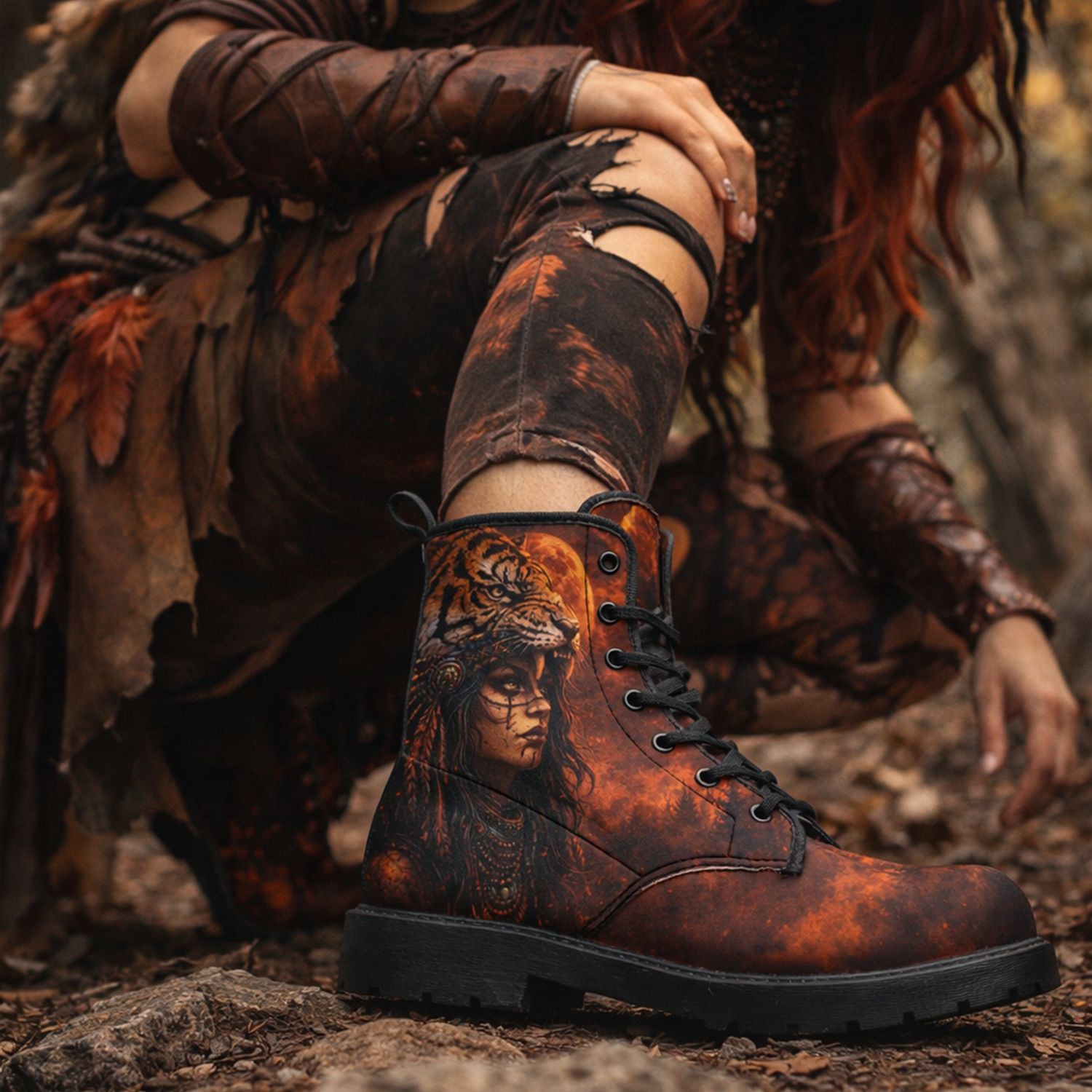 Leather boots with tiger and warrior design