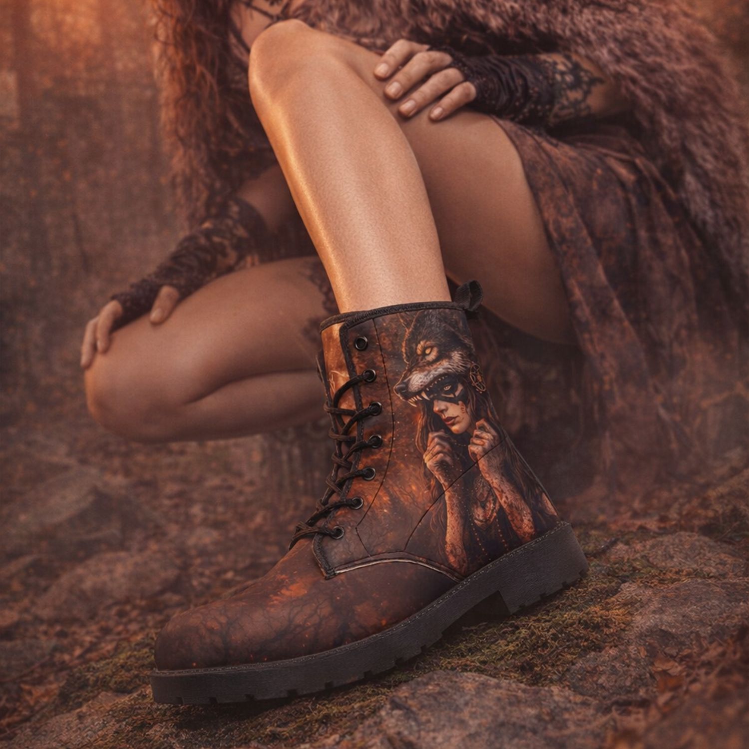 Leather boots with wolf and warrior design