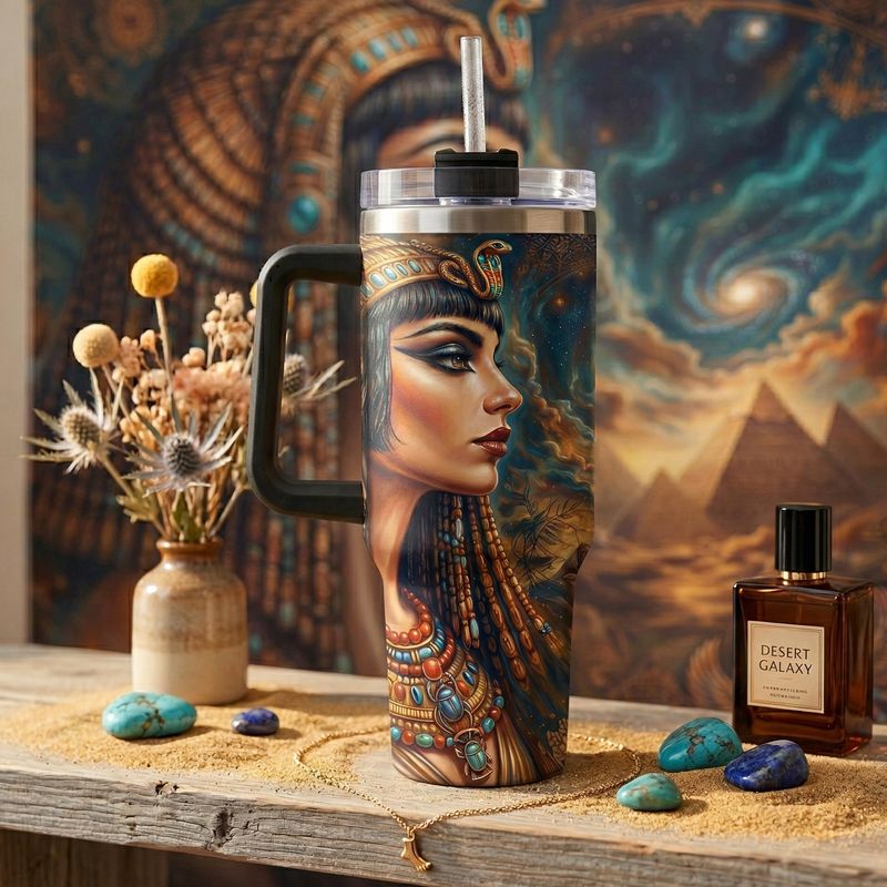 Tumbler with handle - ToGo - Cleopatra above majestic pyramids