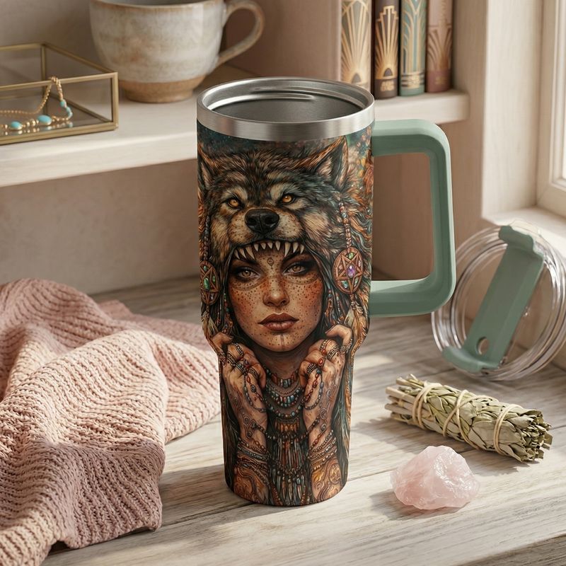 Tumbler with handle - ToGo - Unique Warrior Wolf design