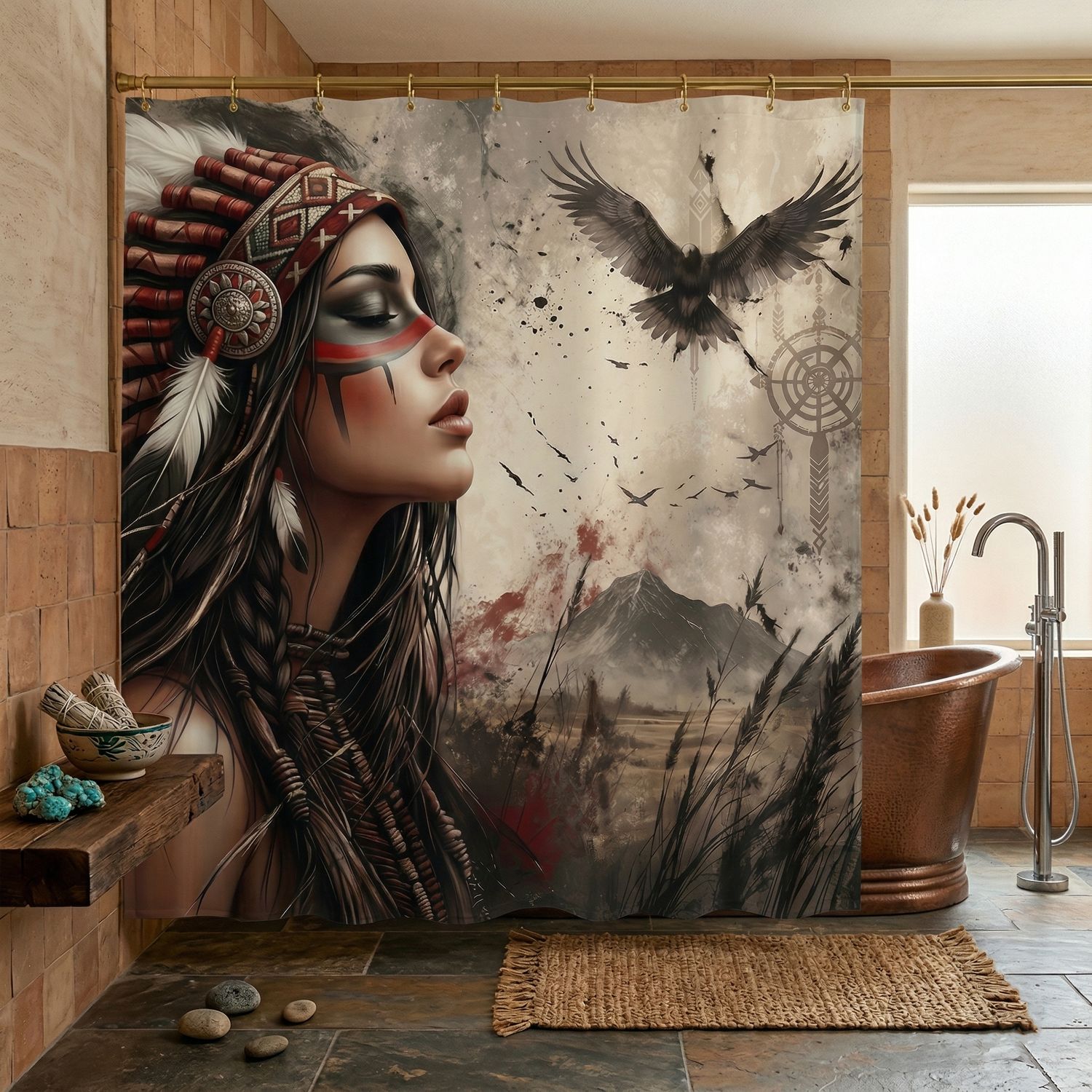 Indian motif shower curtain in boho &amp; ethnic design