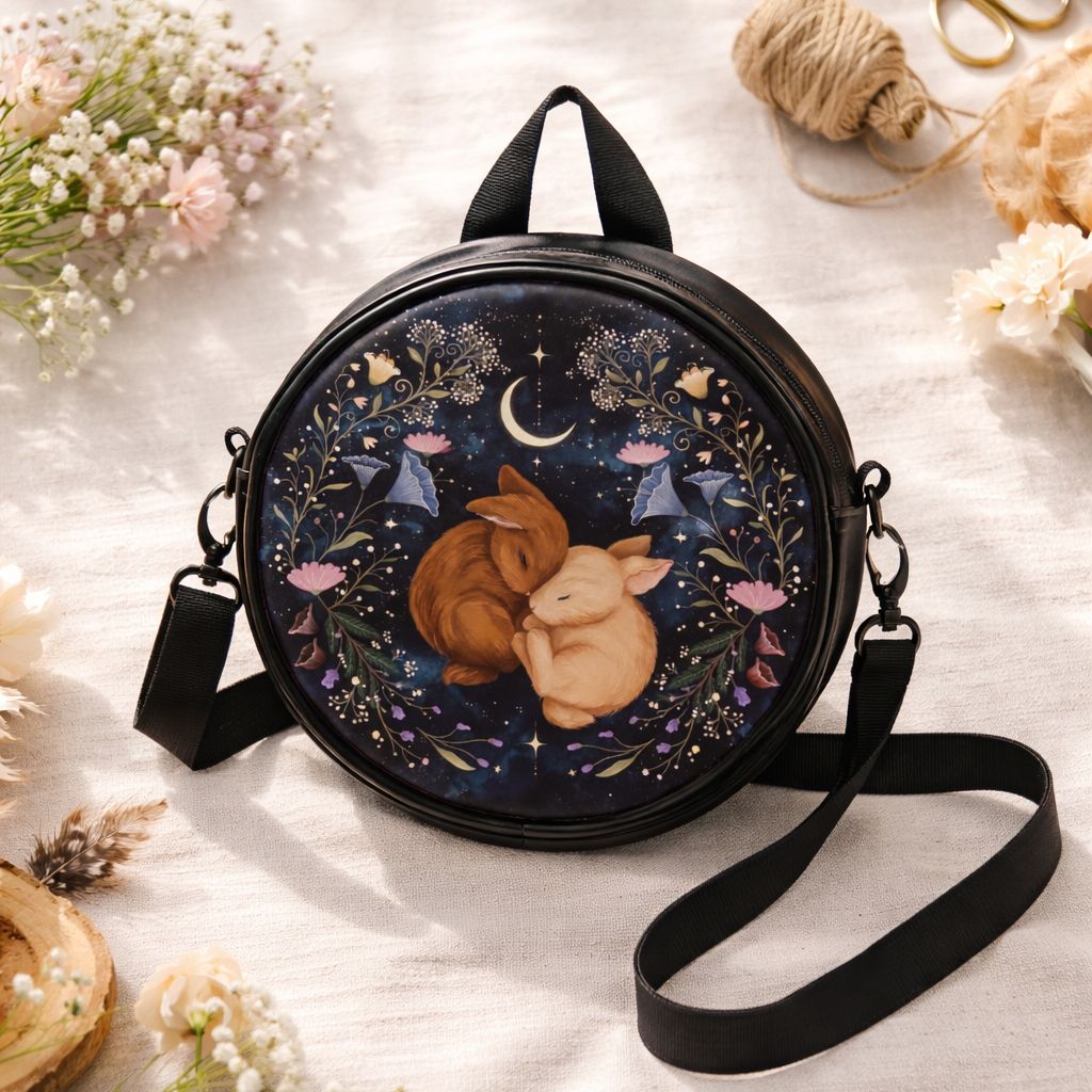 Rabbits with romantic moon and flower motif all-round bag