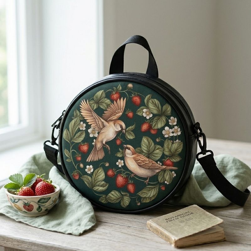 Birds with strawberry motif - All-round bag in a botanical-nature-illustrative style