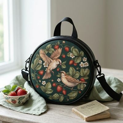 Vogel Tasche für Damen mit botanischem Erdbeer Motiv – detailreiche Handtasche im naturillustrativen Stil, ideal für Alltag,