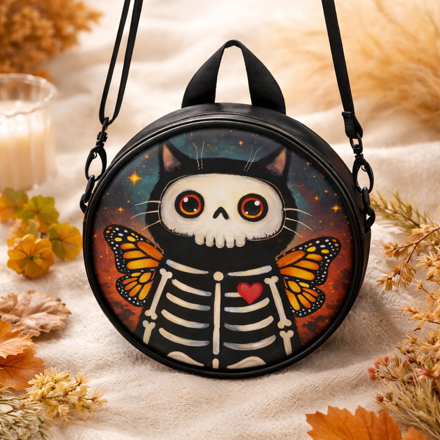 Cat with butterfly wing motif all-round bag in whimsical-gothic illustration style