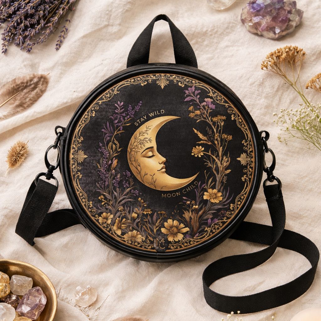 Moon with mystical boho floral motif all-round bag