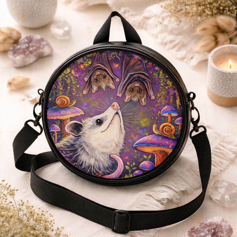 Opossum with bat &amp; mushroom motif all-round bag