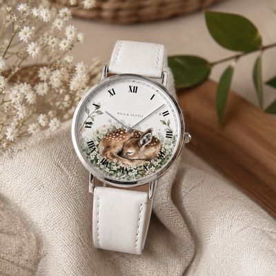 Damen Armbanduhr mit schlafendem Rehkitz Motiv, Edelstahlgehäuse und Echtlederarmband