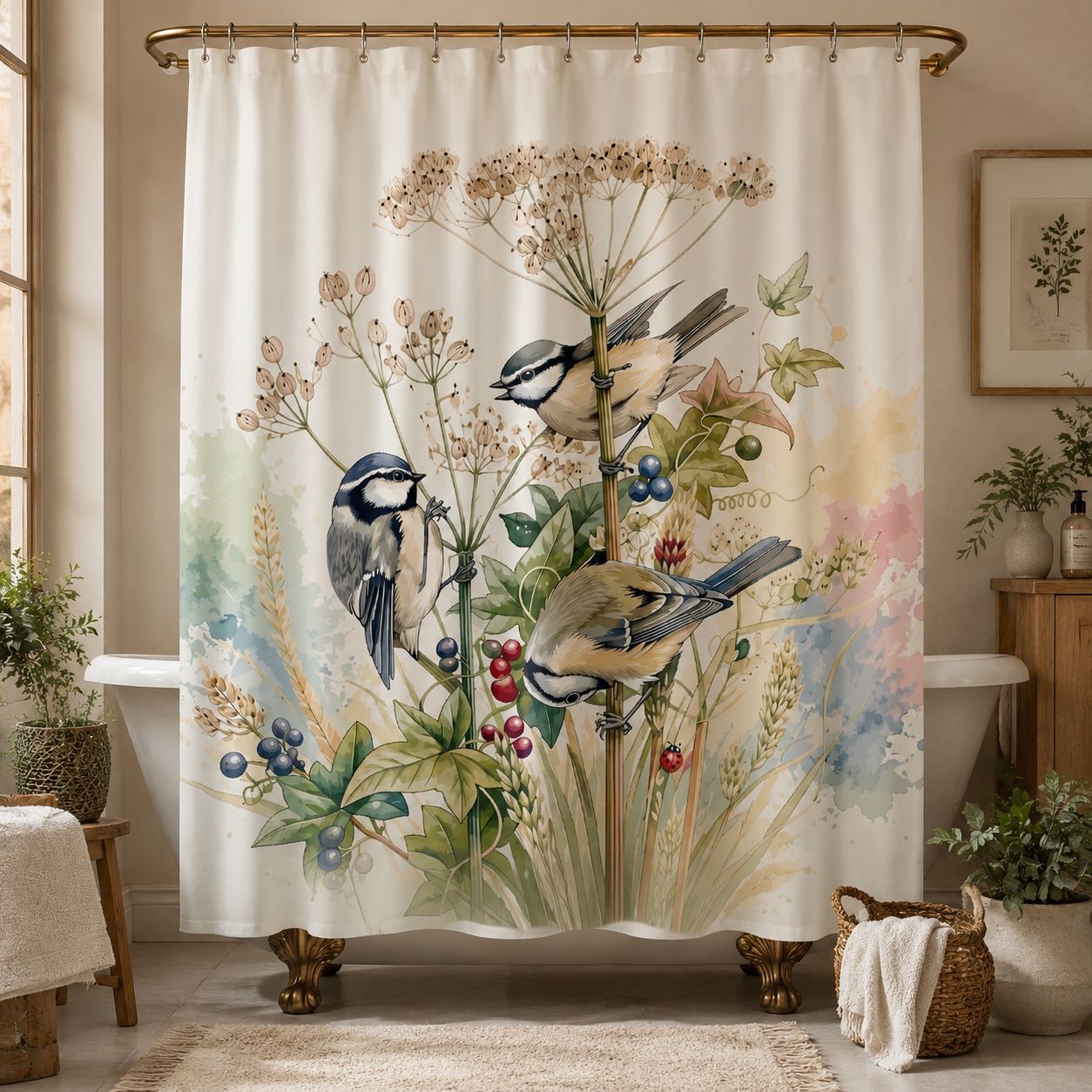 Boho Shower Curtain with Bird Motif