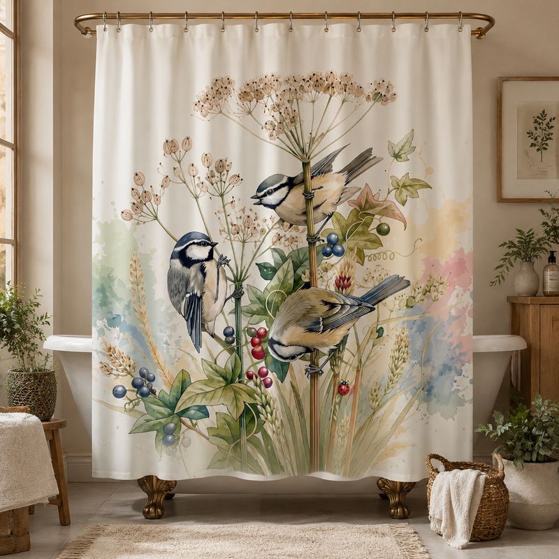 Boho Shower Curtain with Bird Motif