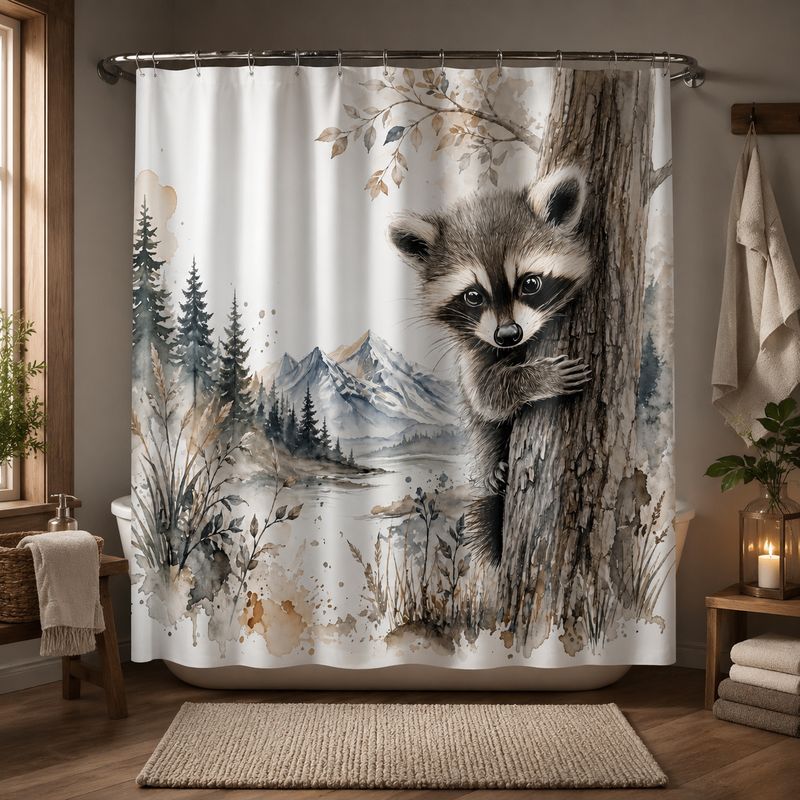 Raccoon Shower Curtain in Watercolor Design