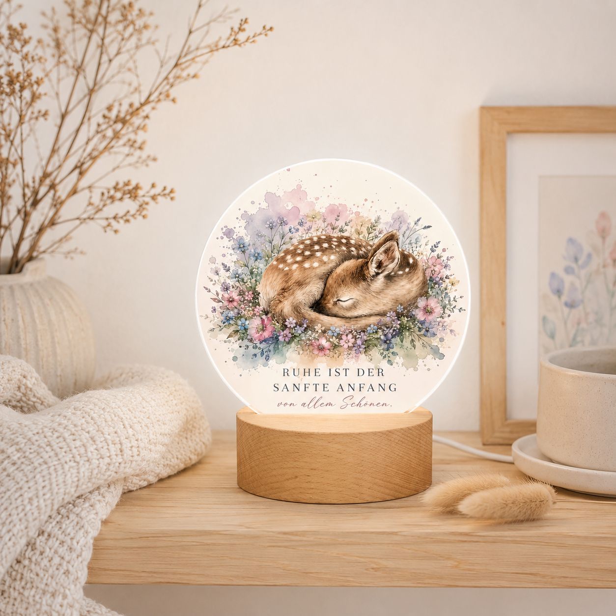 LED Fawn Night Light with Quote – Boho Table Lamp with Acrylic &amp; Wooden Base