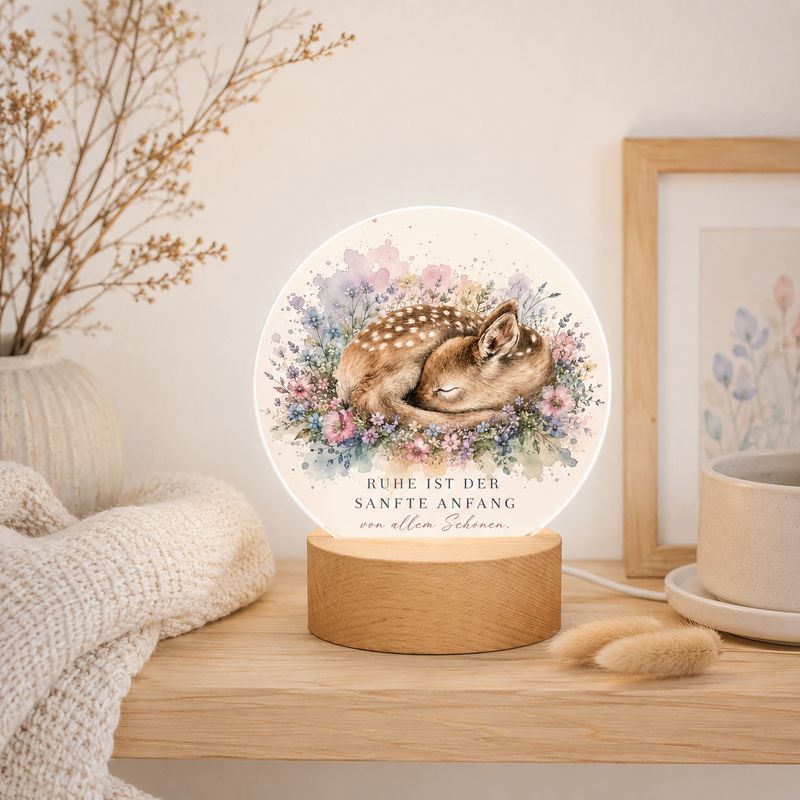 LED-nachtlampje in de vorm van een hertje met tekst – Boho-tafellamp van acryl met houten voet.