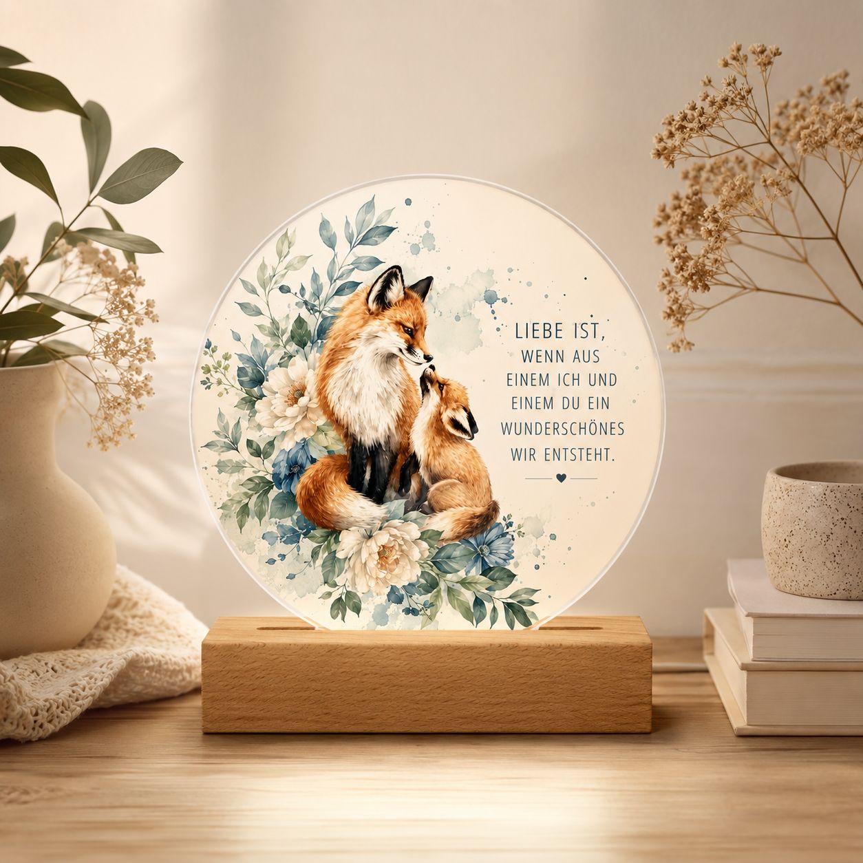LED Fox Night Light with Quote – Boho Table Lamp with Acrylic and Wooden Base