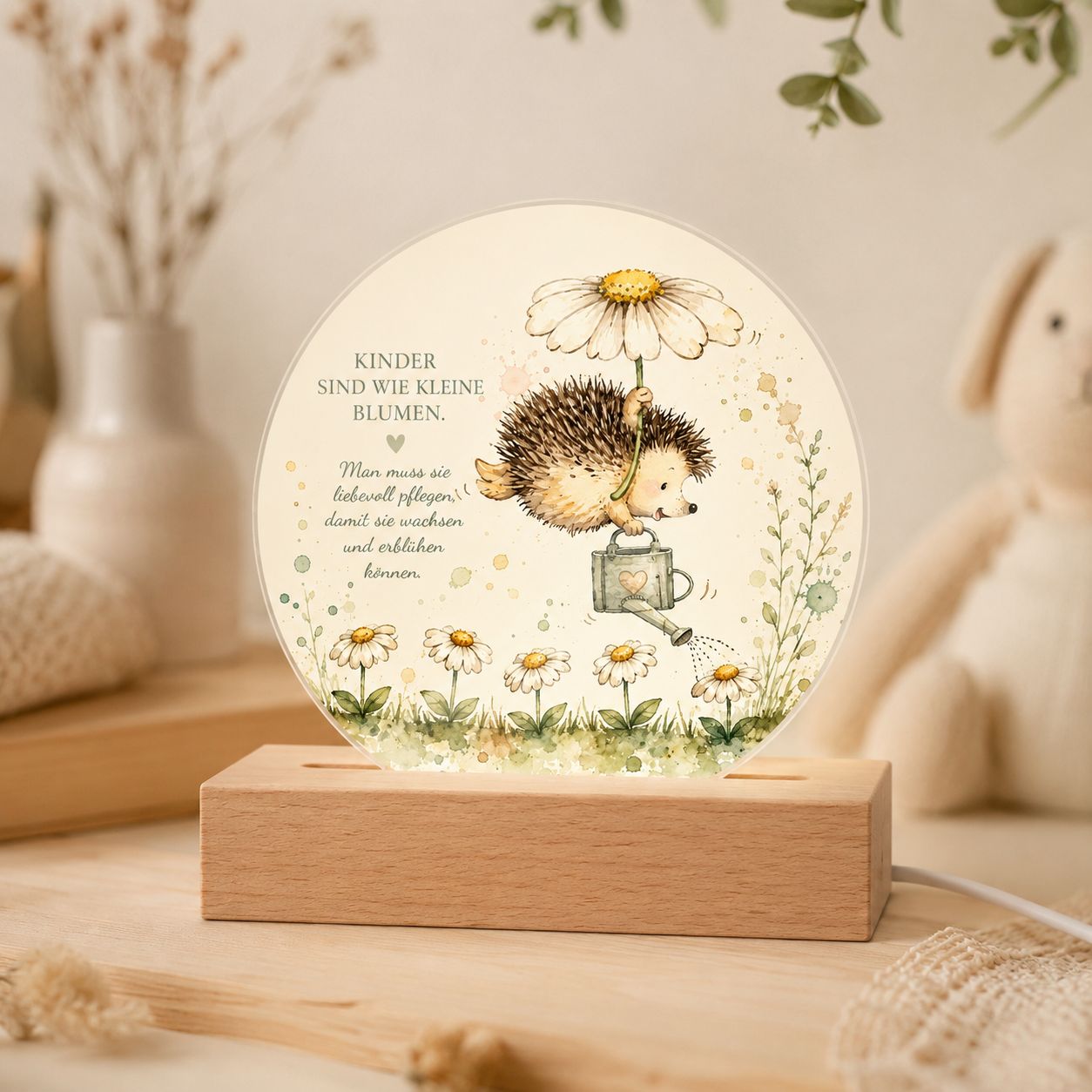 Hedgehog LED Night Light with Quote – Sweet Nursery Lamp with Daisies