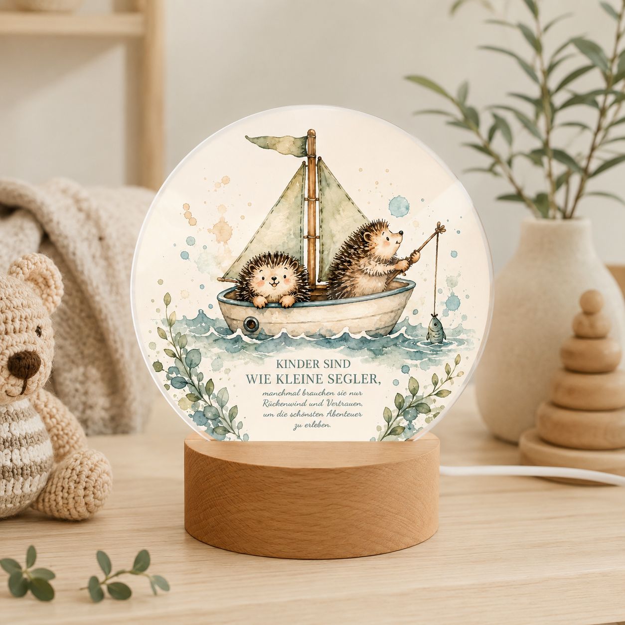 LED Night Light: Hedgehog in a Sailboat – Children's Room Lamp with a Loving Message