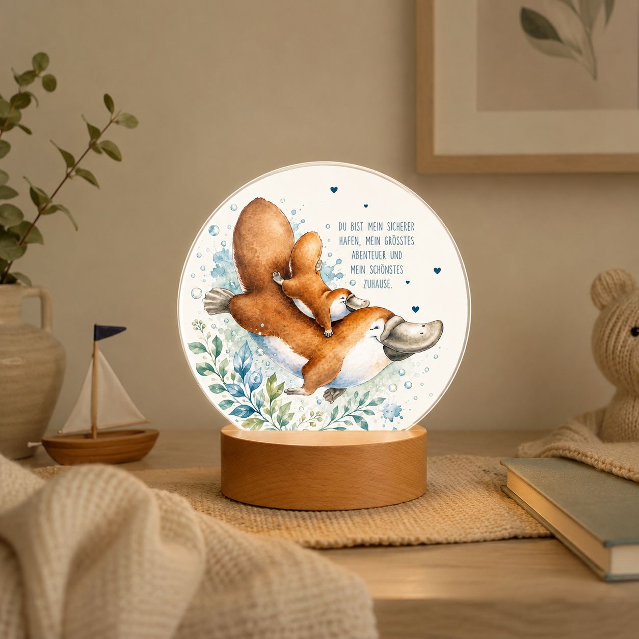 Platypus with Baby LED Night Light – Children's Room Lamp with Acrylic &amp; Wooden Base