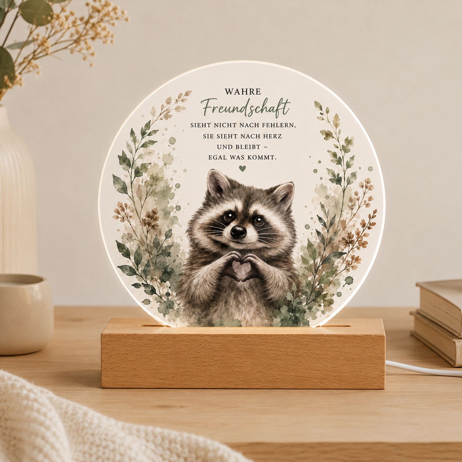 Raccoon LED Night Light with Saying – Friendship Decorative Lamp with Heart