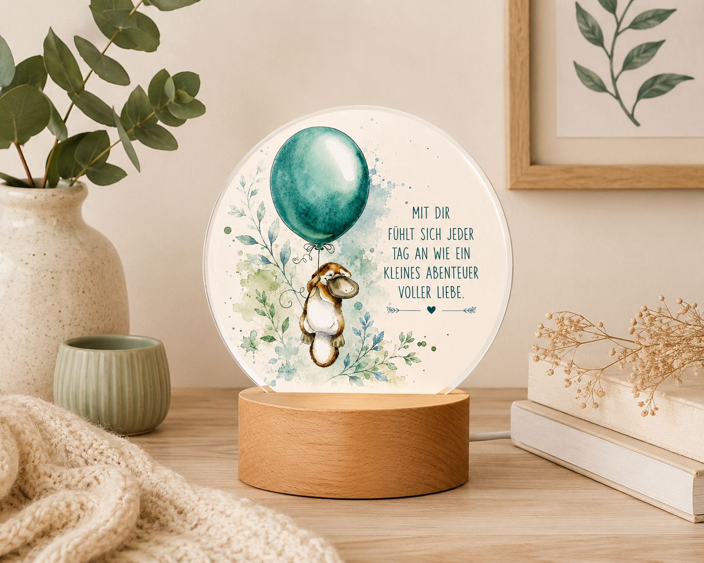 Platypus LED Night Light with Balloon – Children's Room Lamp with Acrylic &amp; Wooden Base