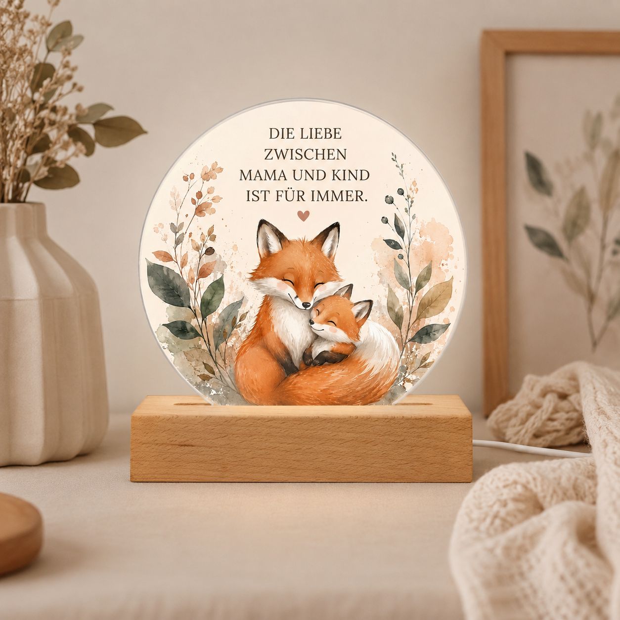 LED Night Light: Fox Mom &amp; Child – A Loving Family Lamp with a Quote