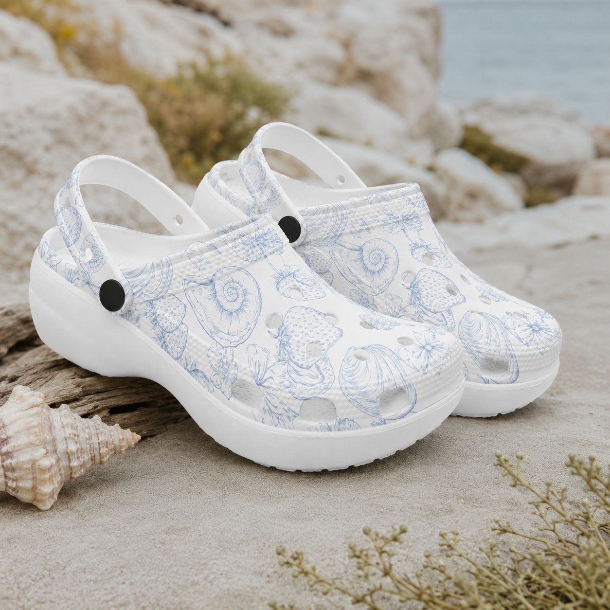 Platform Clogs with Shell &amp; Strawberry Pattern – Summery Slip-On Sandals