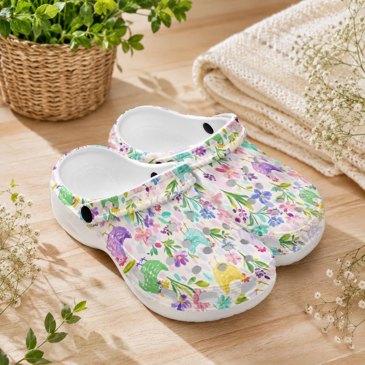 Platform Clogs – Flowers &amp; Chickens – Colorful Summer Slip-On Shoes