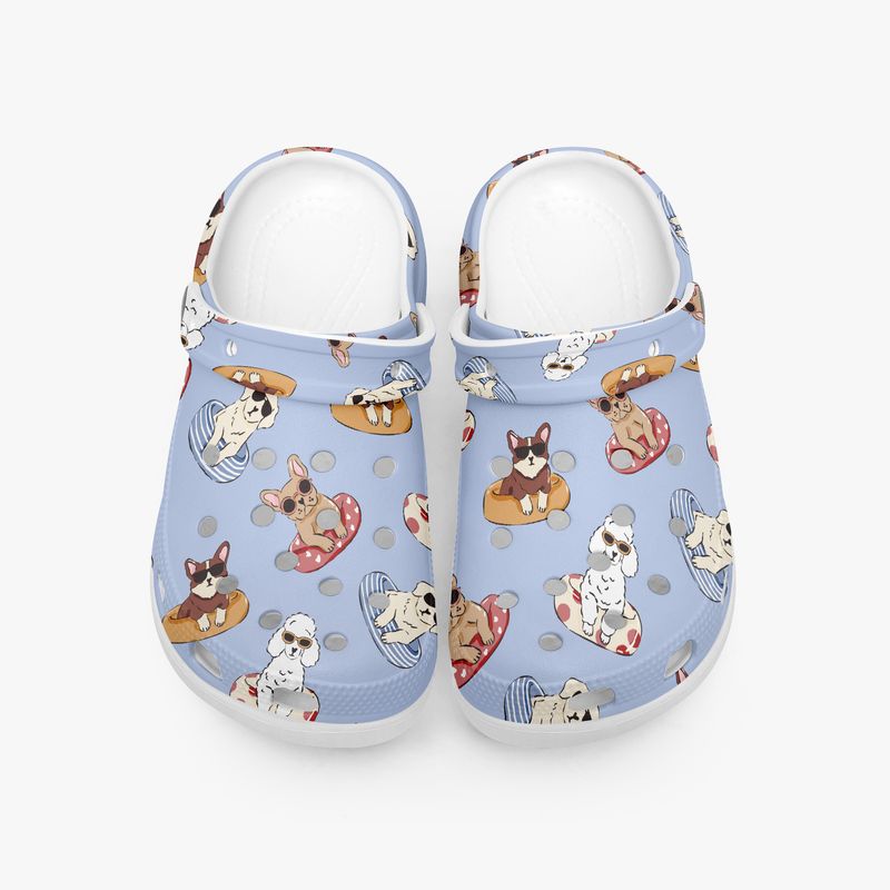 Platform Clogs with Dog Motif – Blue Summer Slip-On Shoes