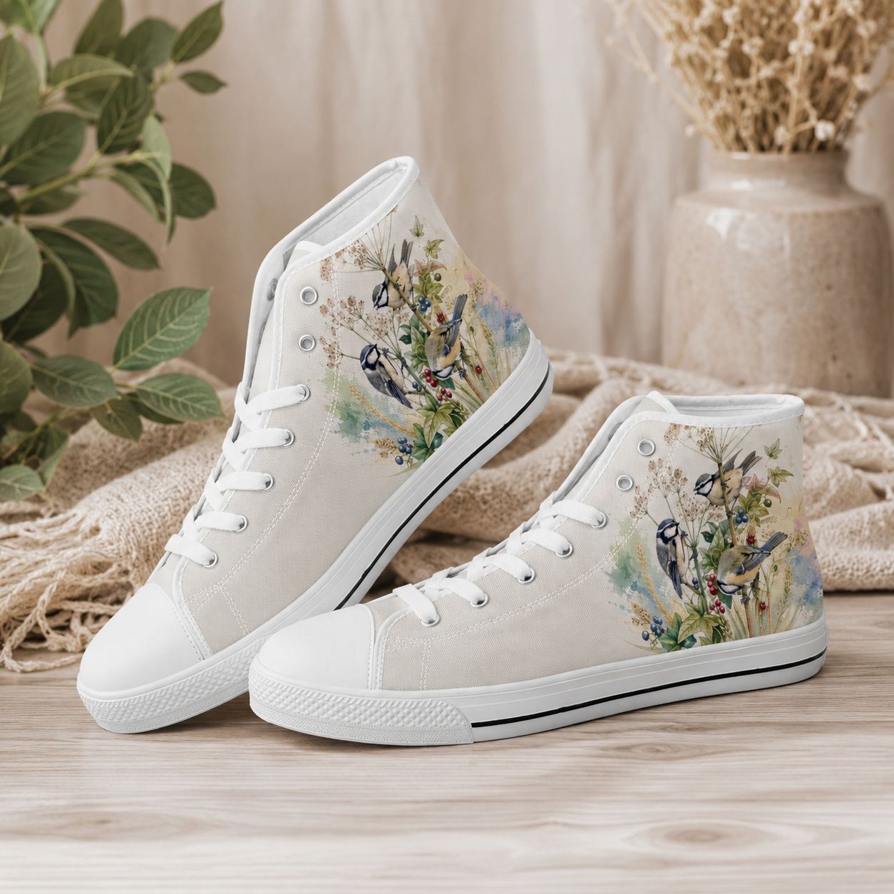 Bird High-Top Sneakers – Natural Canvas Shoes with Bird Motif