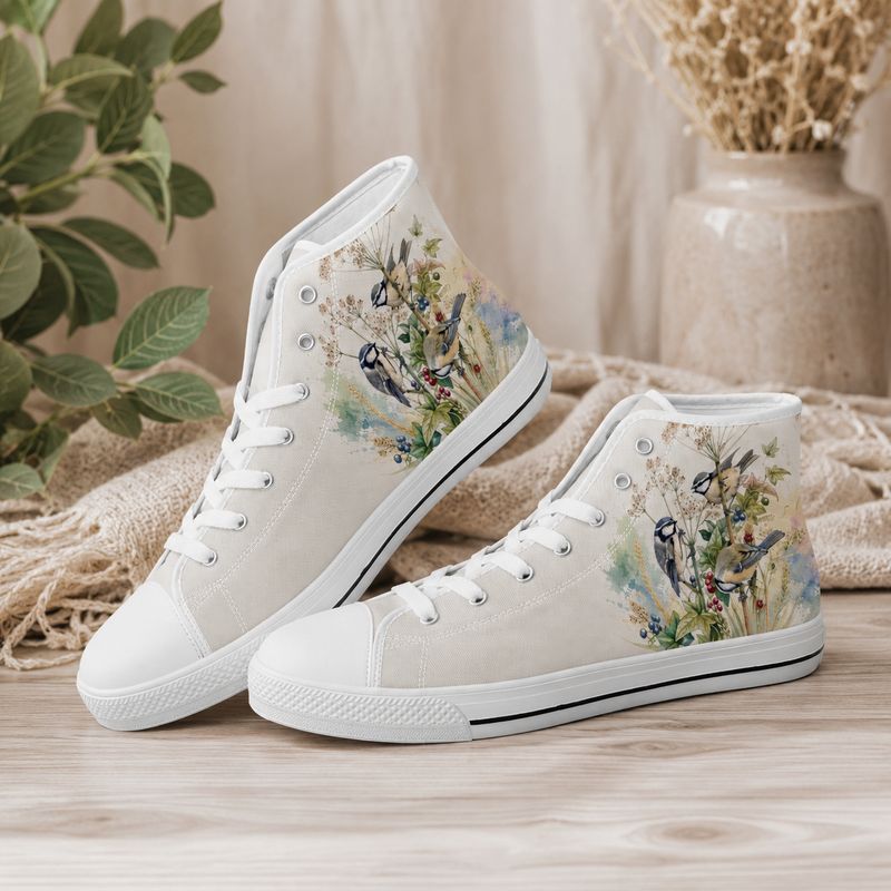 Bird High-Top Sneakers – Natural Canvas Shoes with Bird Motif