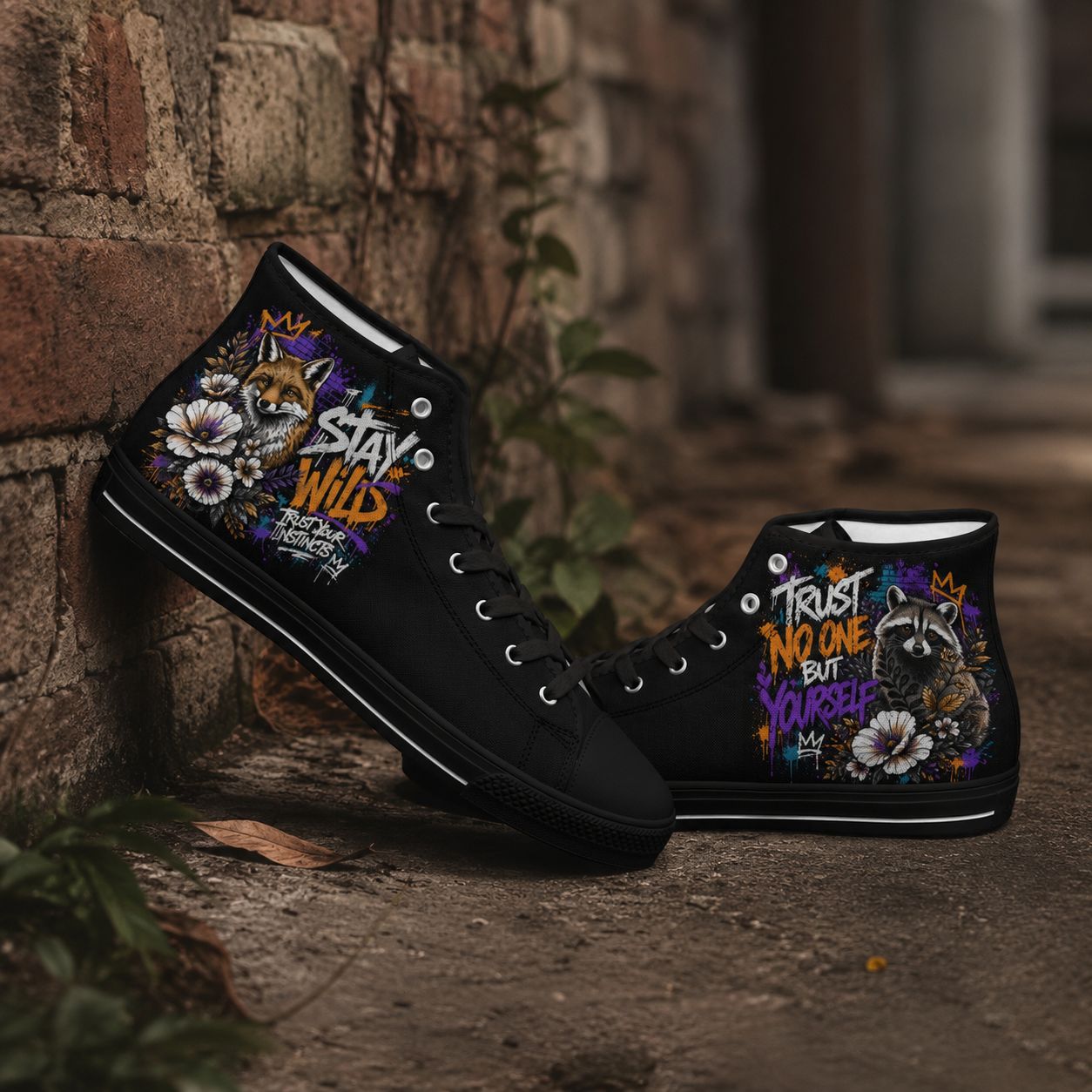 Black High-Top Sneakers with Fox and Raccoon Print – Unisex Streetwear Shoes