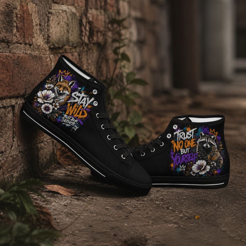 Black High-Top Sneakers with Fox and Raccoon Print – Unisex Streetwear Shoes