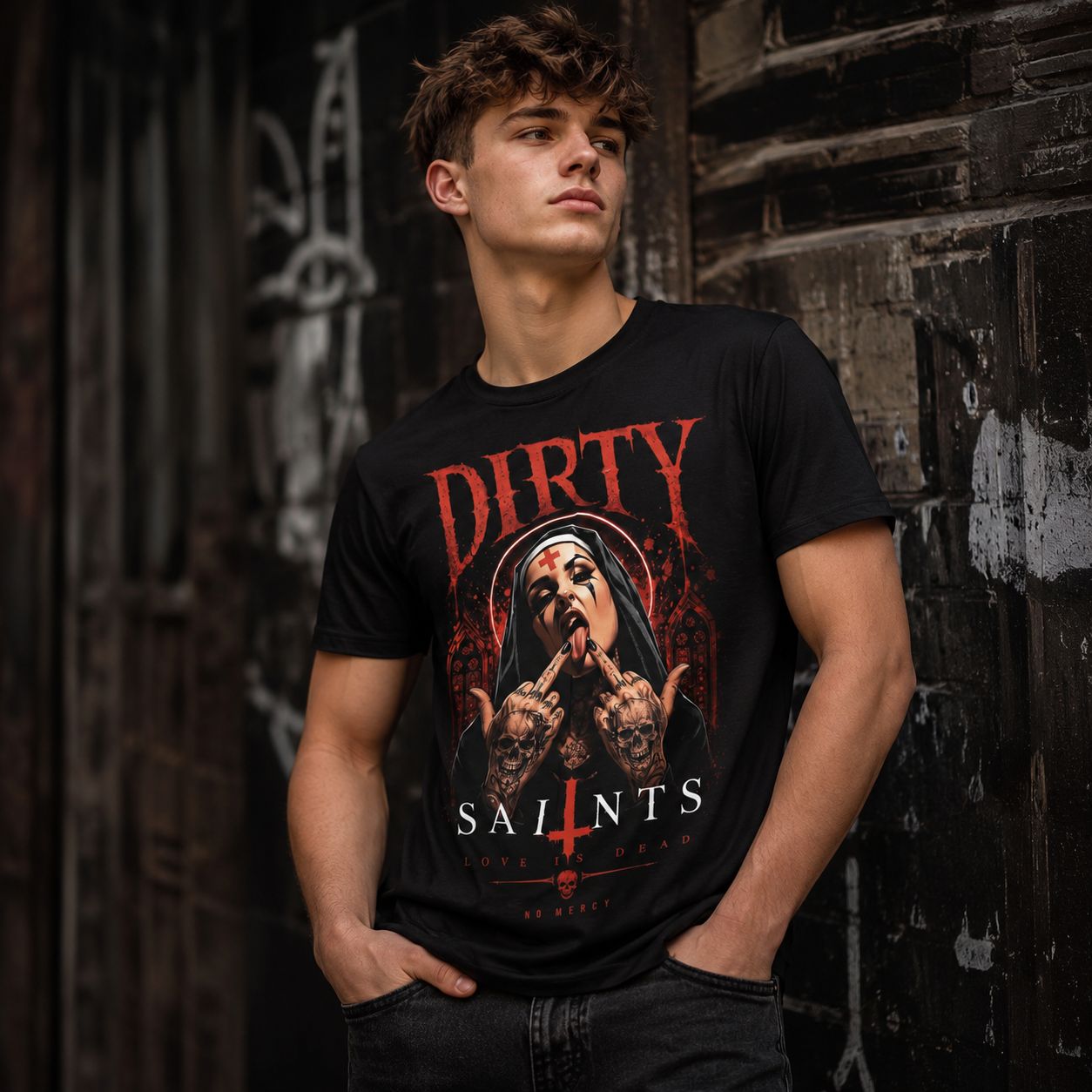 Dirty Saints T-Shirt – Gothic Nun Skull Tattoo Dark Streetwear Shirt