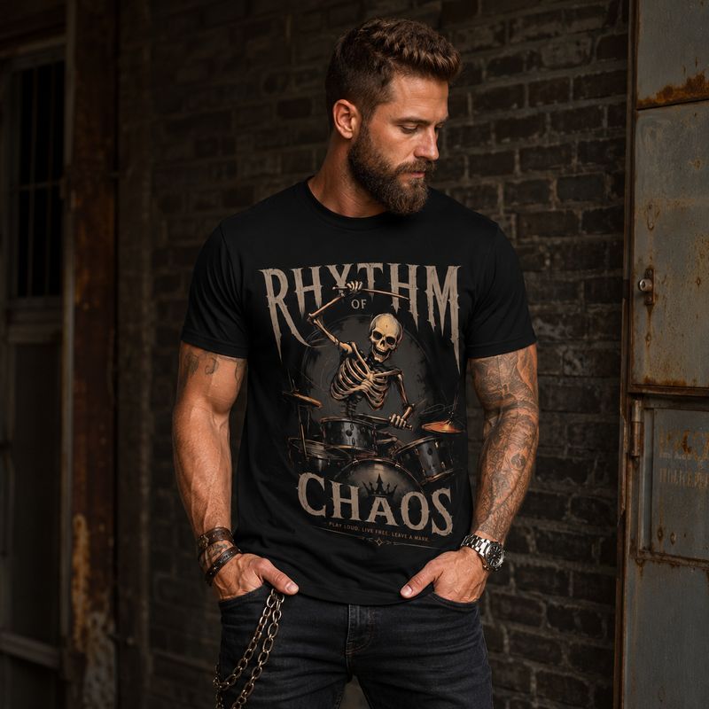 Rhythm of Chaos T-Shirt – Skeleton Drummer Rock &amp; Metal Drummer Shirt