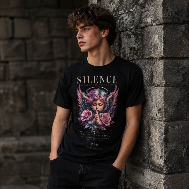 Silence Angel T-Shirt – Spiritual Angel Shirt with Roses &amp; Faith Design