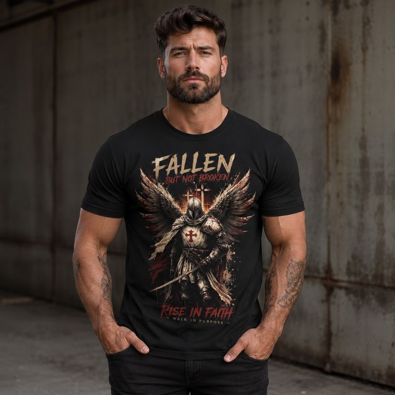 Fallen But Not Broken T-Shirt – Christian Knight &amp; Angel Shirt with Faith Motif