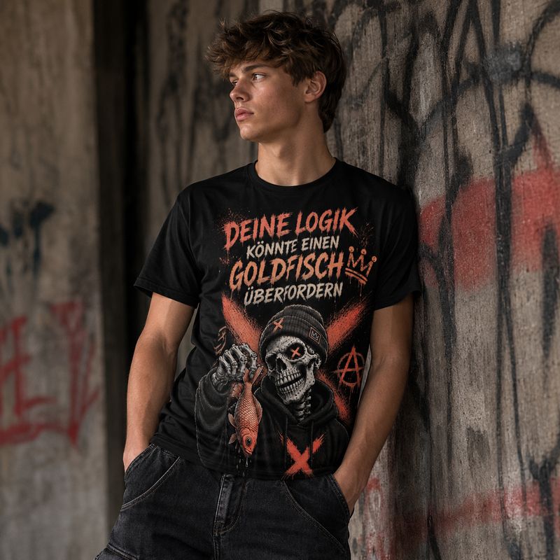 "Your Logic Could Overwhelm a Goldfish" T-Shirt – Sarcastic Slogan Shirt with Skull Design