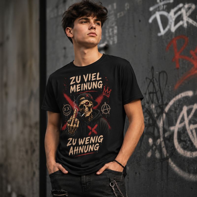 Too Much Opinion, Too Little Knowledge T-Shirt – Sarcastic Skull Statement Shirt for Rebels