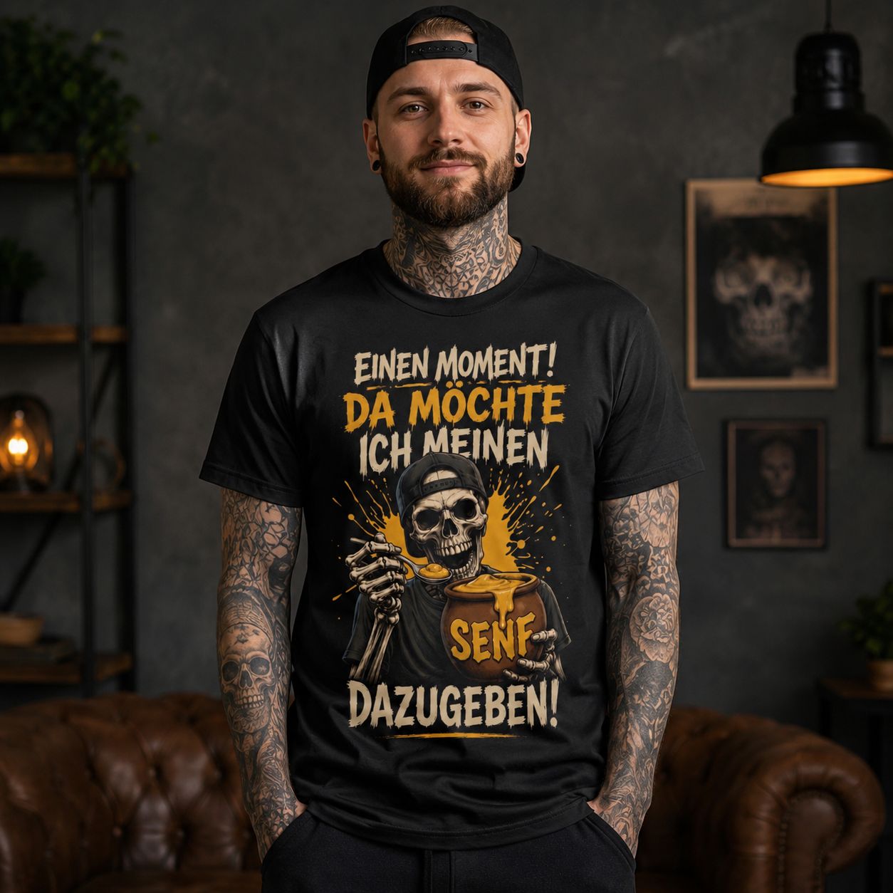 Hold on a moment! I’d like to put my two cents in! – Funny slogan T-shirt with a skull