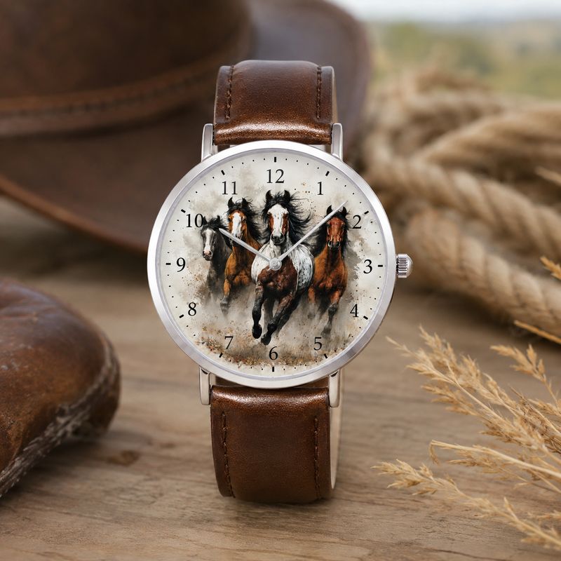 Pferde Leder-Armbanduhr Damen Silber