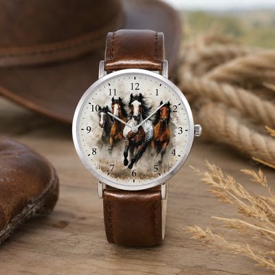 Pferde Leder-Armbanduhr Damen Silber