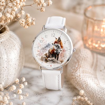 Fuchs-Motiv Leder-Armbanduhr Silber