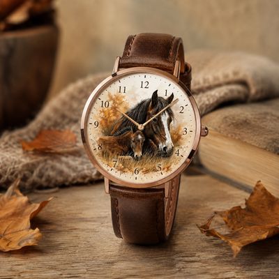 Stute mit Fohlen-Motiv Leder-Armbanduhr Rosegold