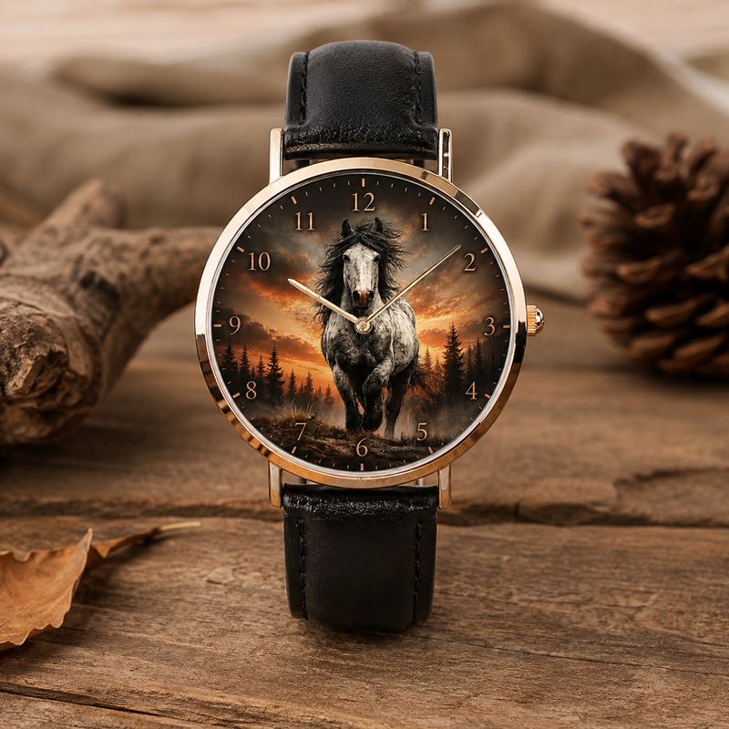 Pferde-Motiv Leder-Armbanduhr Rosegold
