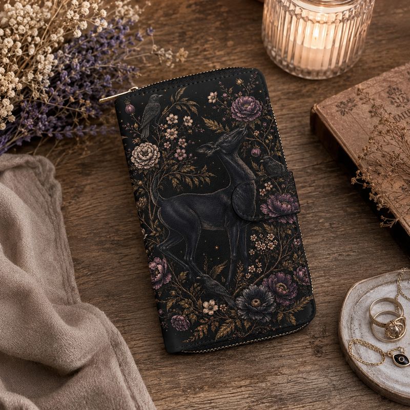 Large Women's Deer Wallet – Purse with Ravens and Flowers