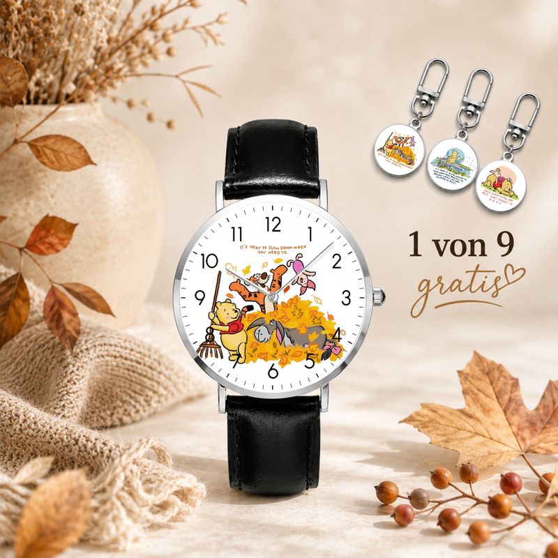Winnie the Pooh and Friends Silver Wristwatch – Autumn Motif, Leather Strap, Men's &amp; Women's – Analog Watch