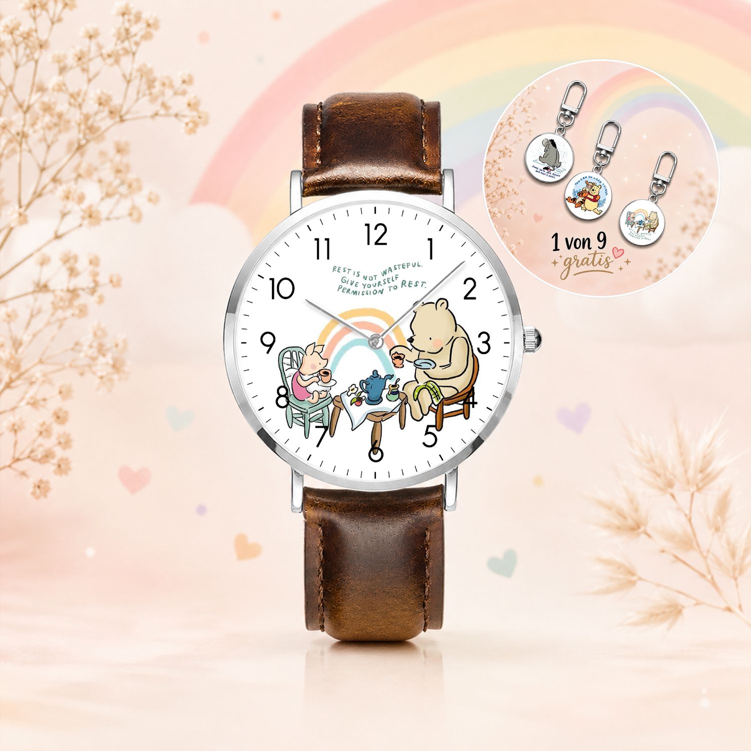 Winnie the Pooh &amp; Piglet Silver Wristwatch – Leather Strap for Women &amp; Children – Analog Watch with Rainbow Motif