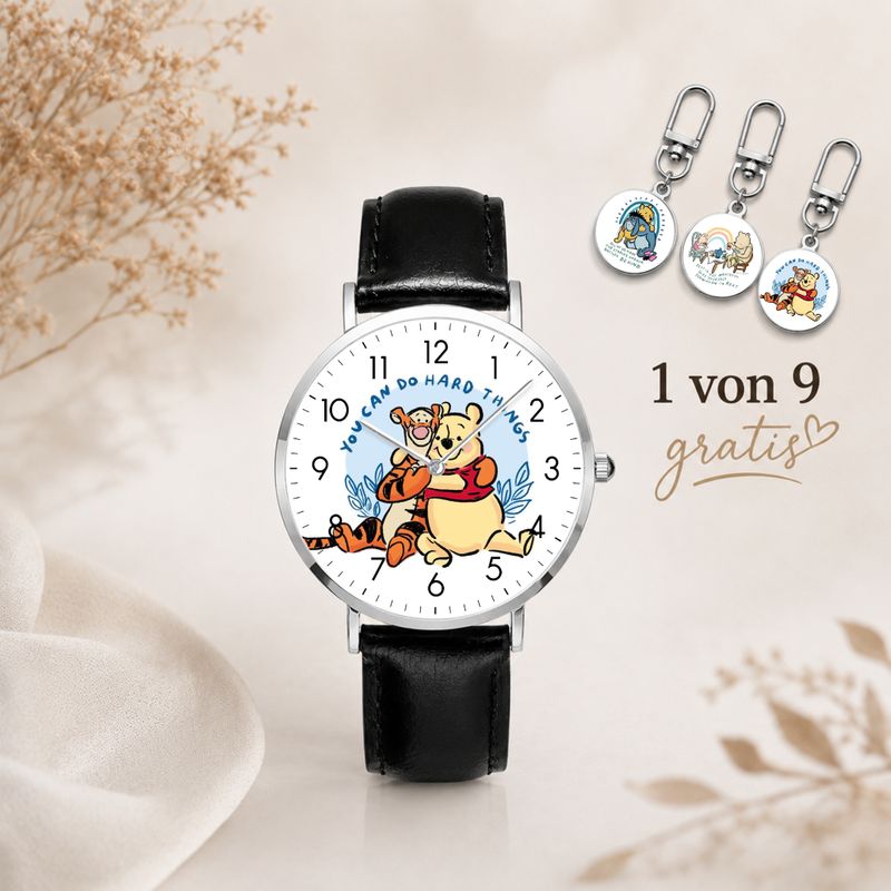 Winnie the Pooh and Tigger Silver Wristwatch – Watch with Leather Strap, Friendship Motif