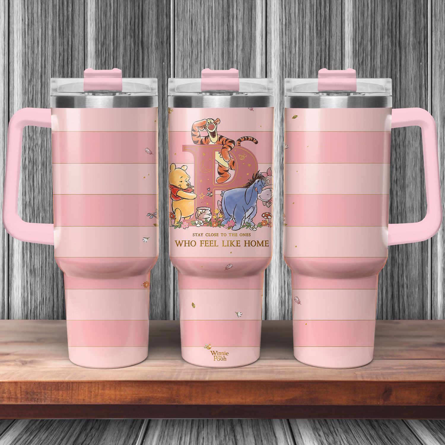 Winnie the Pooh Pink Drink Cup – Stainless Steel Thermal Cup with Handle and Lid, Tumbler for Women